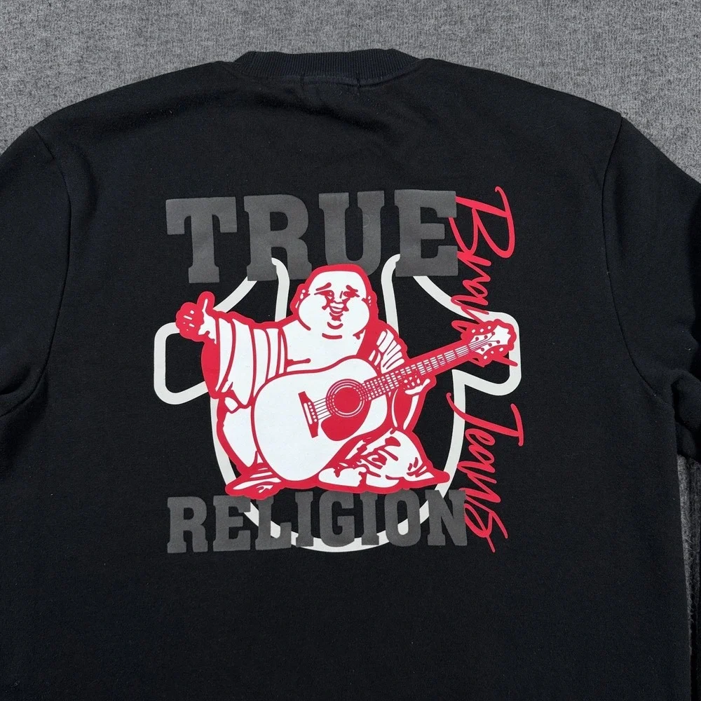 True Religion Sweatshirt Mens Large Black Bold Graphic Crew Neck Fleece Pullover